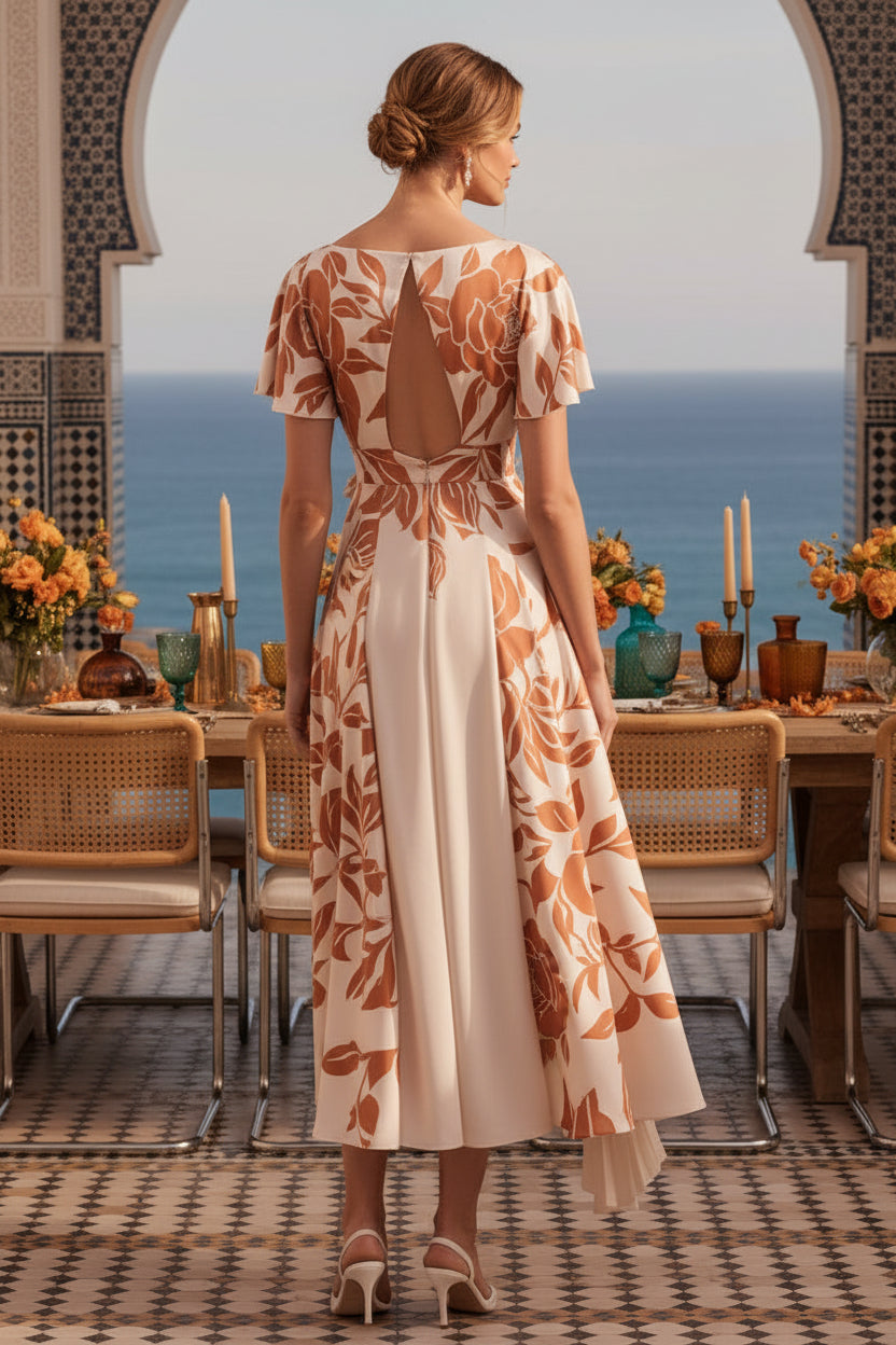 Floral Bateau Neck Asymmetrical Midi Dress