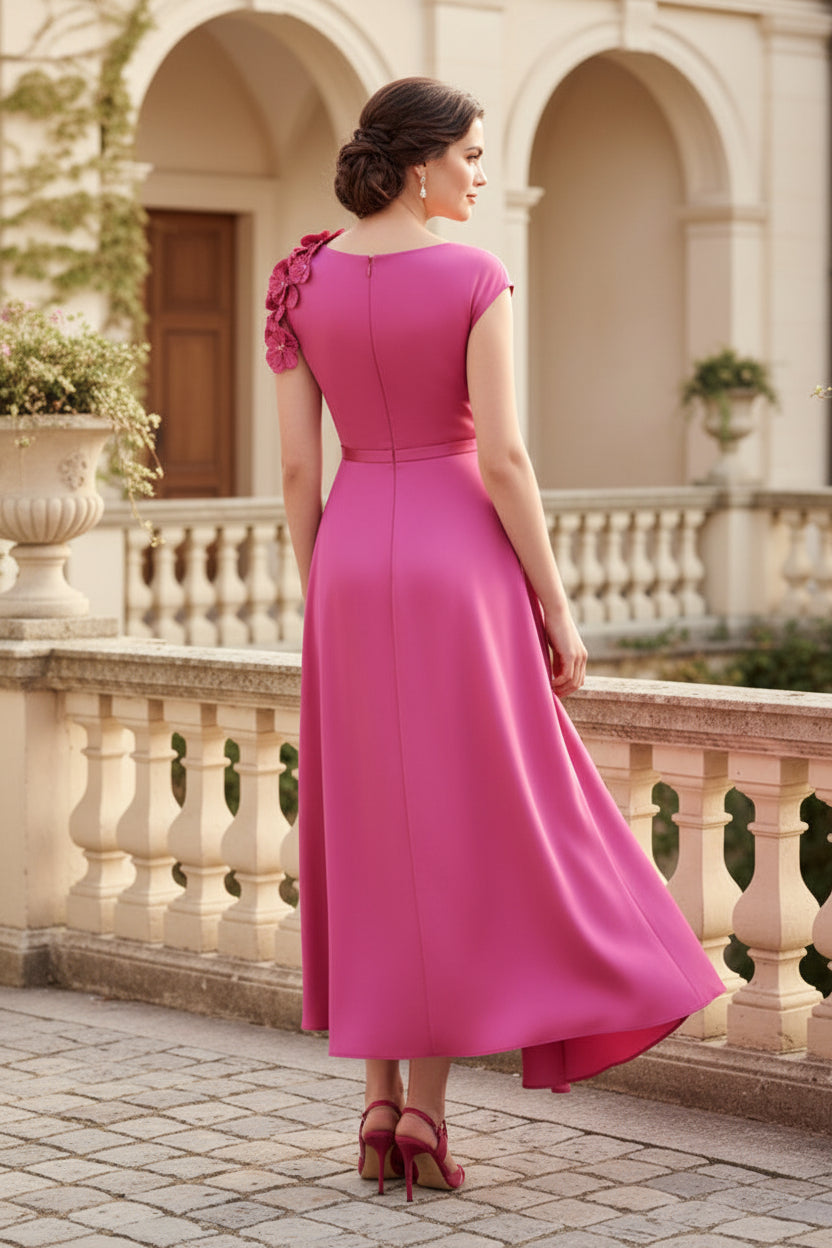 Asymmetrical Satin A-Line Midi Dress with 3D Flowers