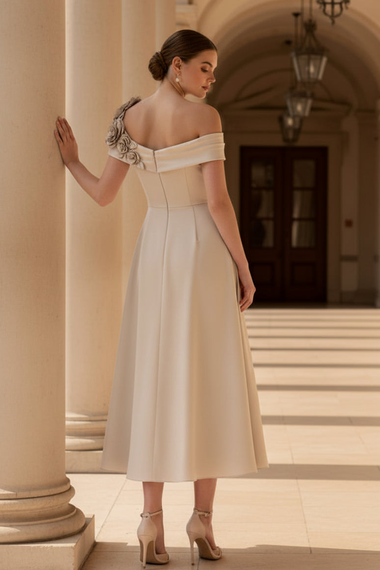 Elegant One Shoulder A-Line Midi Dress with 3D Flowers