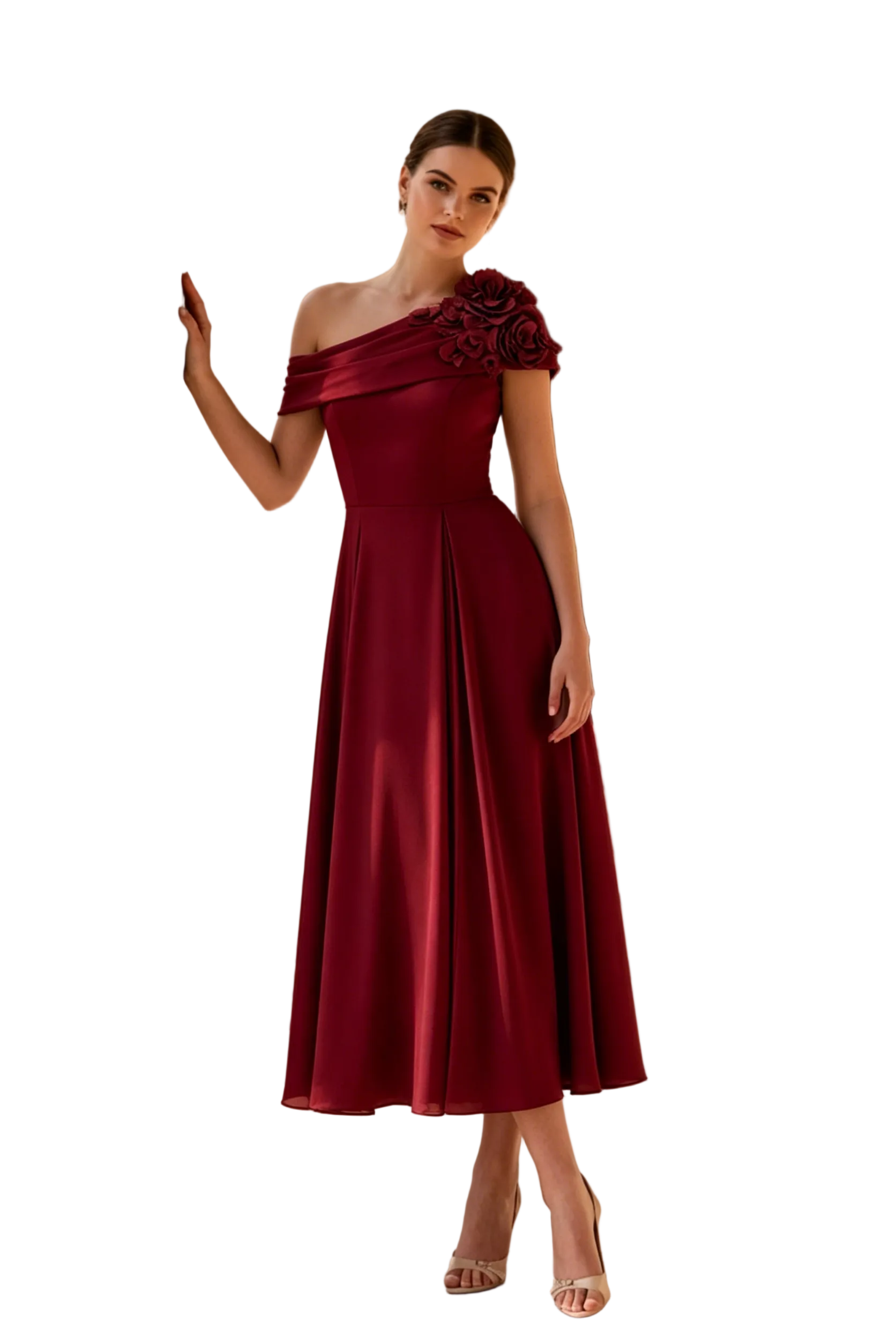 Elegant One Shoulder A-Line Midi Dress with 3D Flowers