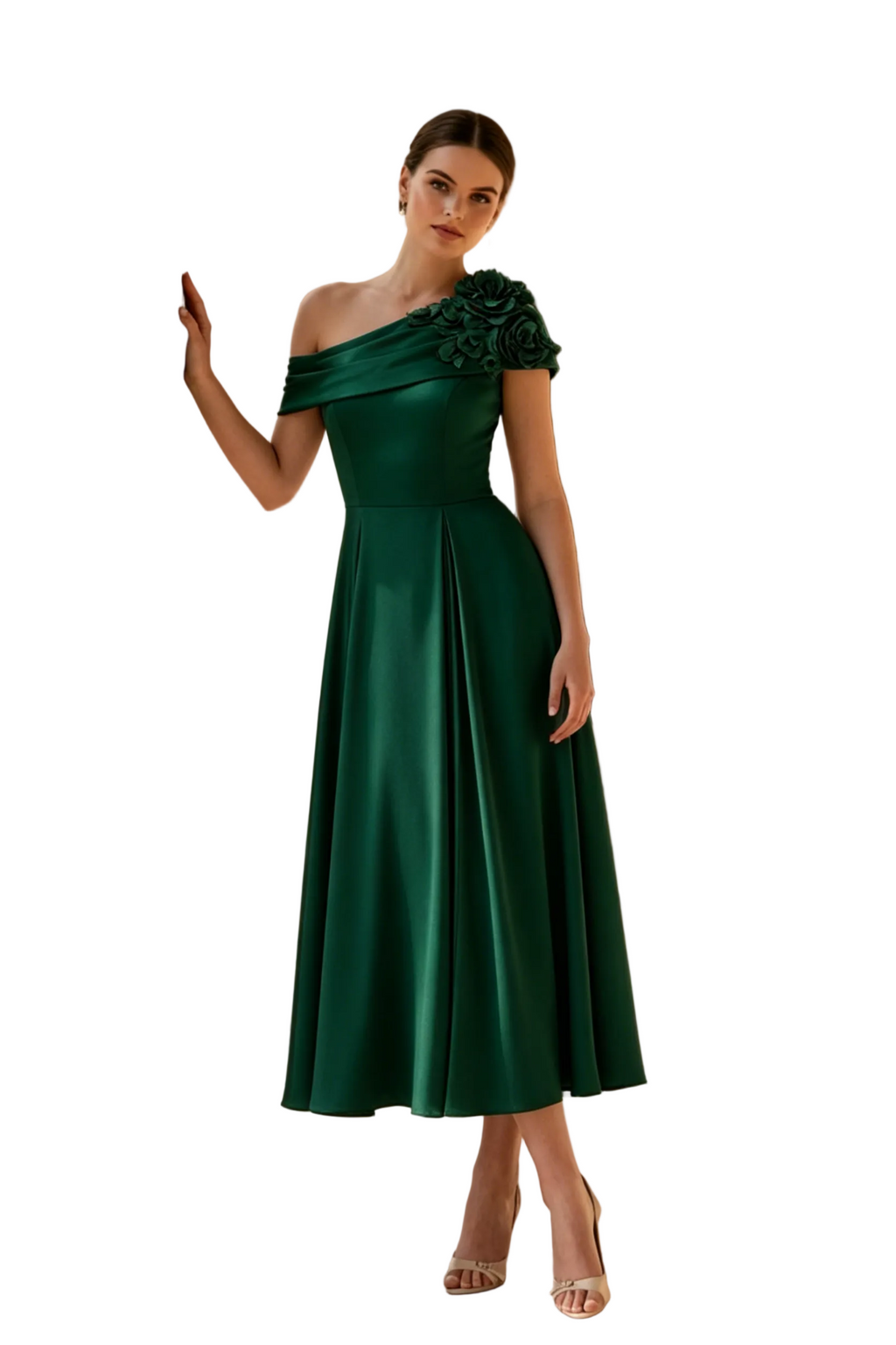 Elegant One Shoulder A-Line Midi Dress with 3D Flowers