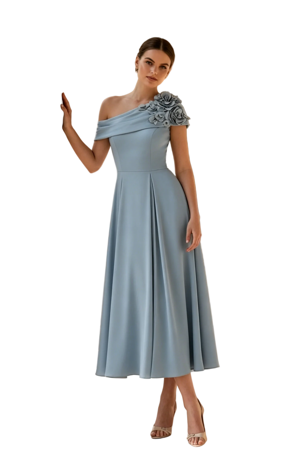 Elegant One Shoulder A-Line Midi Dress with 3D Flowers