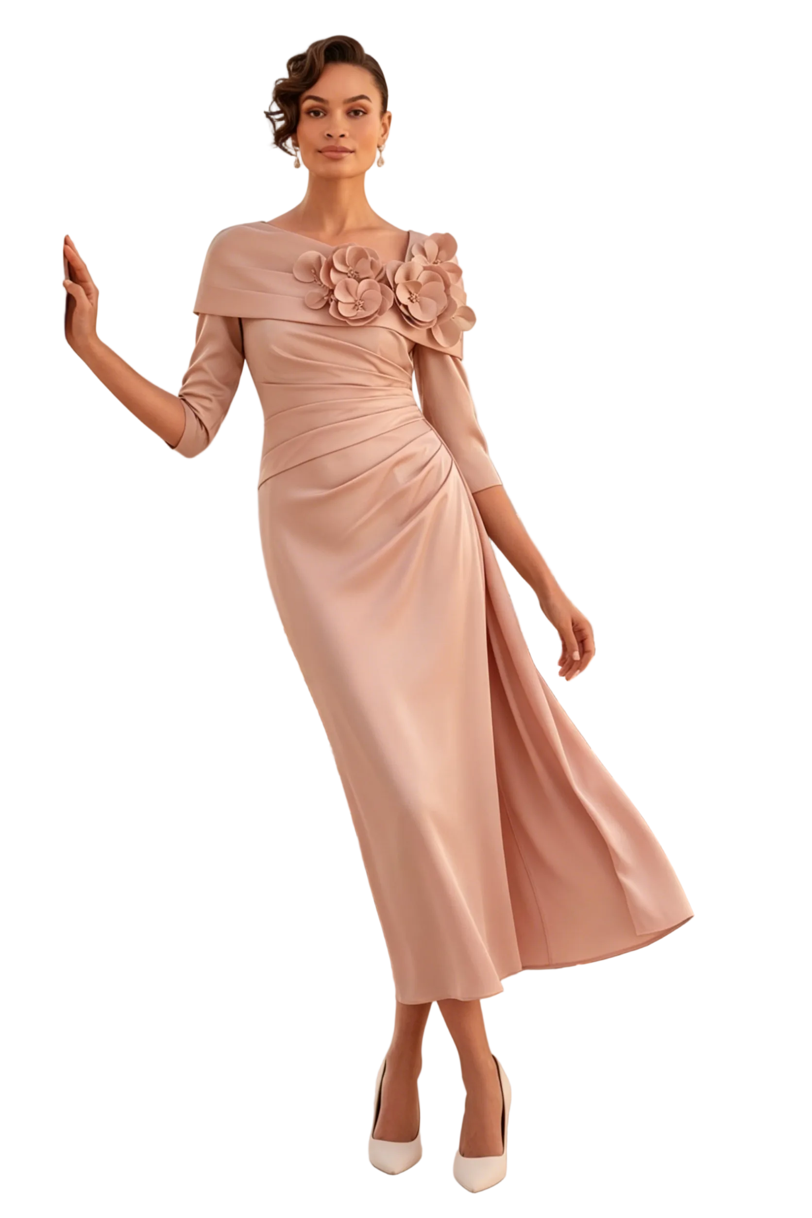 3/4 Sleeve Bateau Neck Midi Dress with 3D Flowers