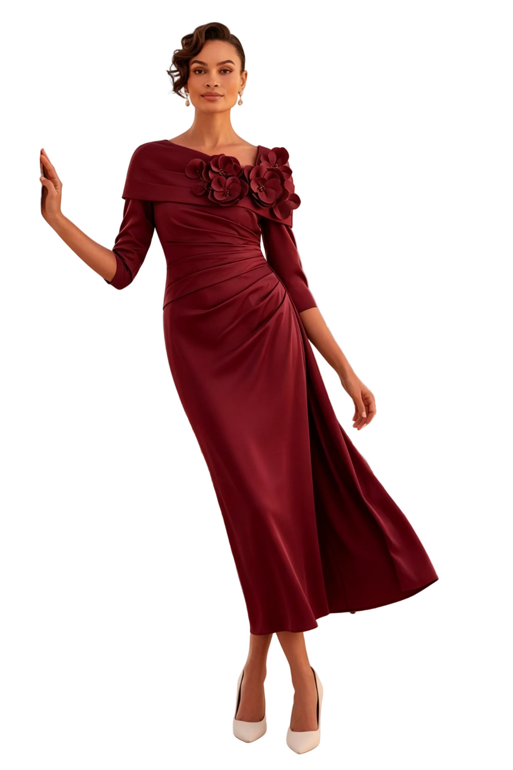 3/4 Sleeve Bateau Neck Midi Dress with 3D Flowers