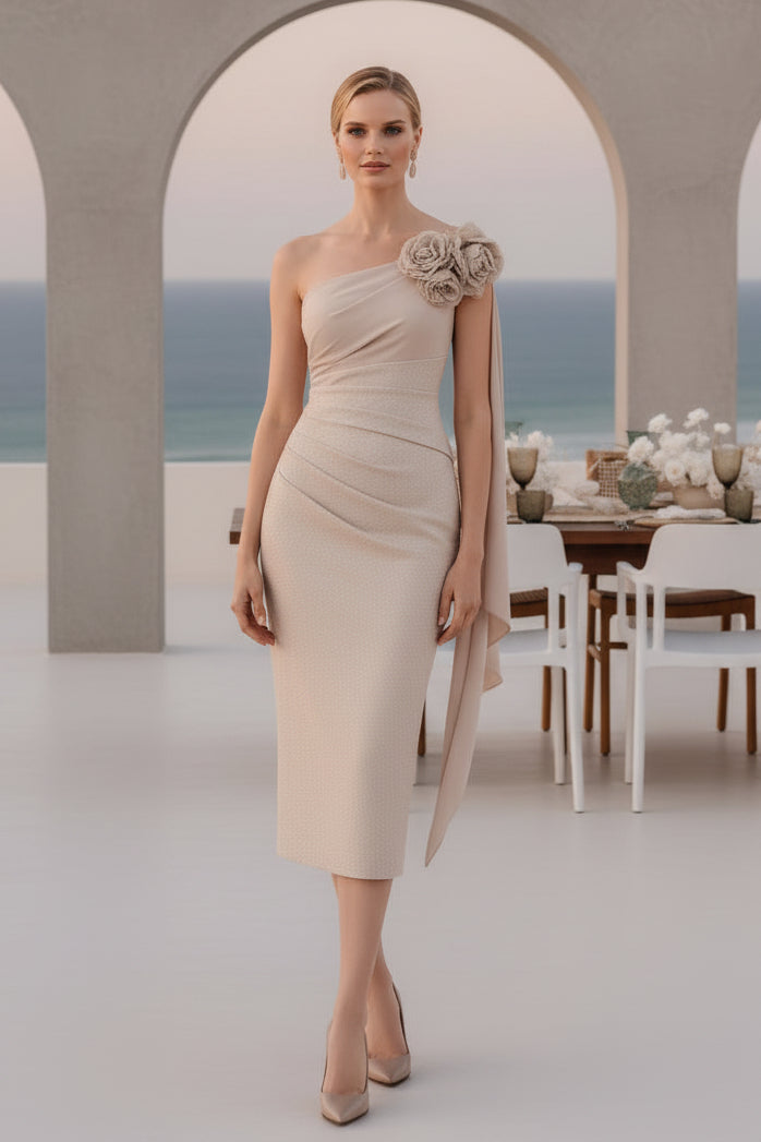 Asymmetrical Sequin Midi Dress with 3D Flowers