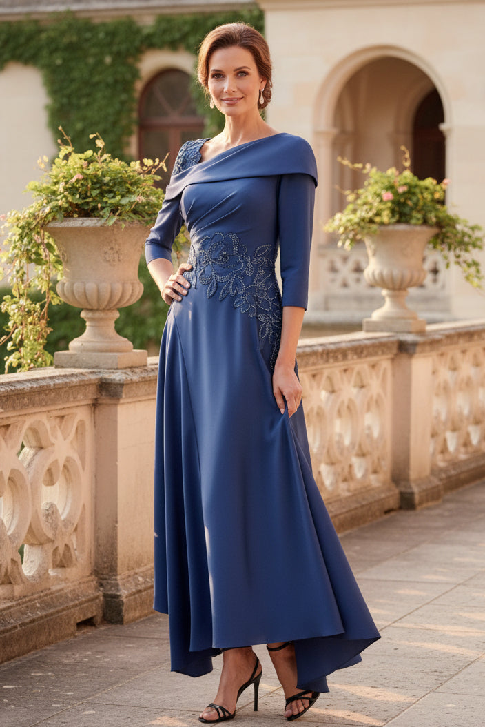 Asymmetrical Off Shoulder 3/4 Sleeve A-Line Dress