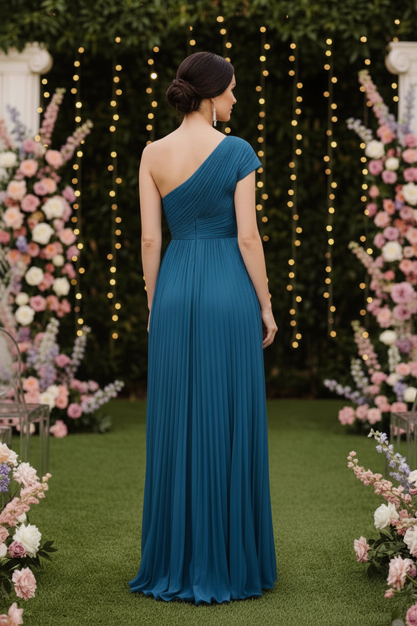 Pleated One-Shoulder Asymmetrical Midi Dress