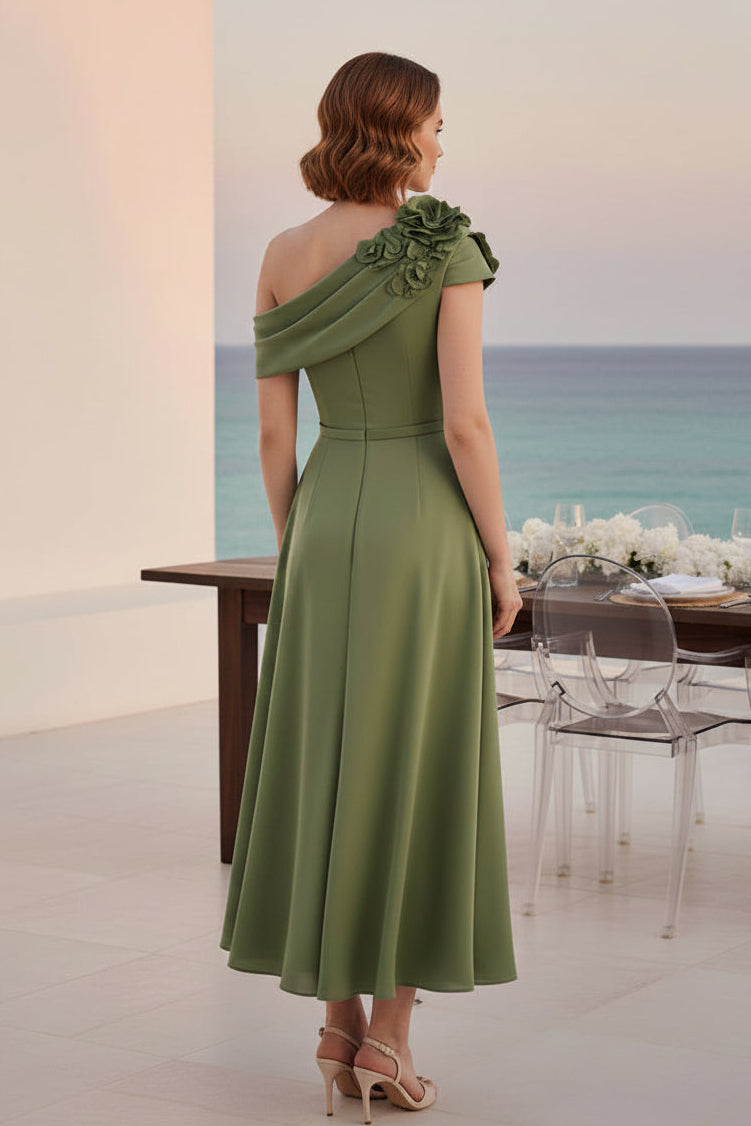 One-Shoulder 3D Floral A-Line Midi Dress