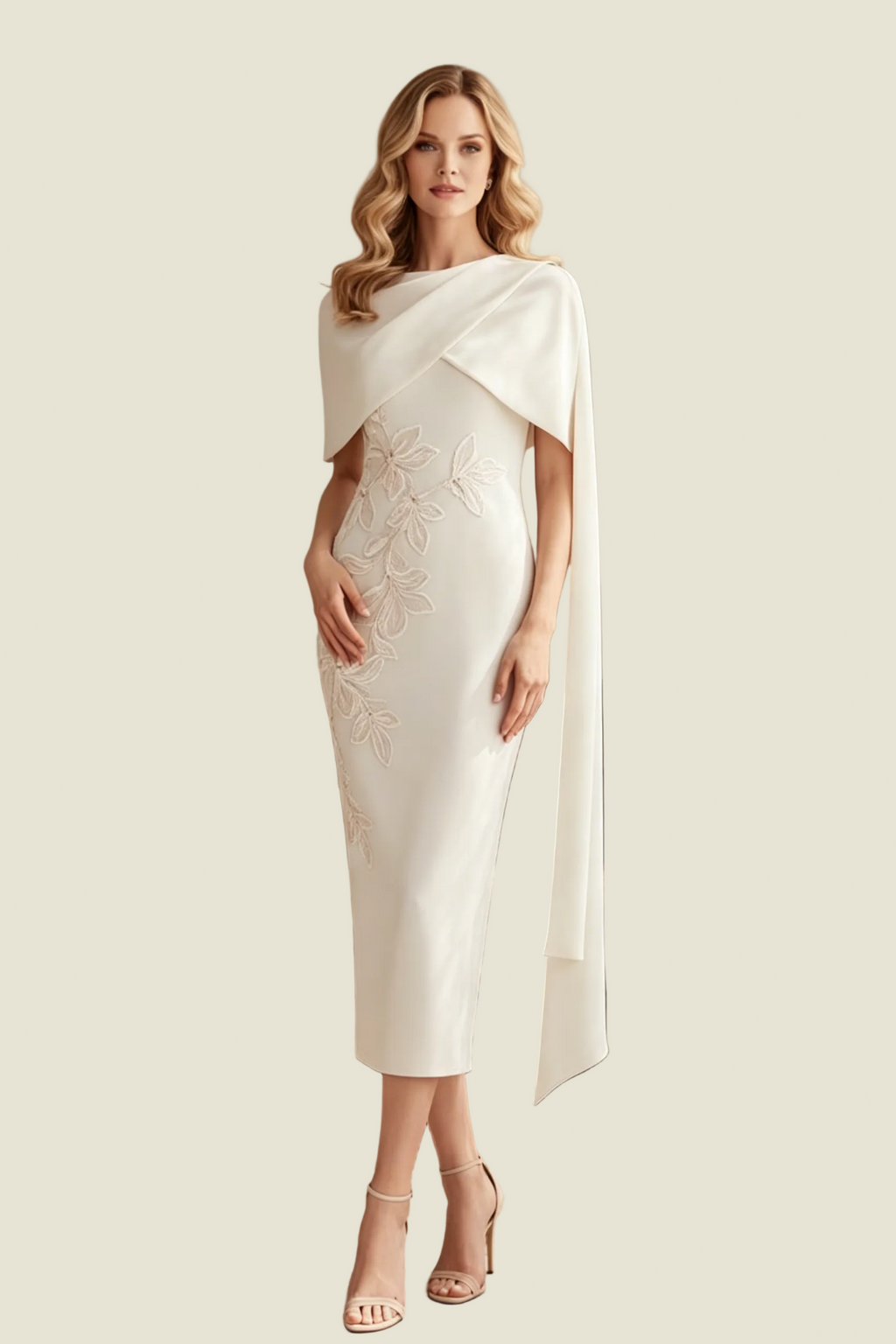 Asymmetrical Cape Sheath Midi Dress with Appliques