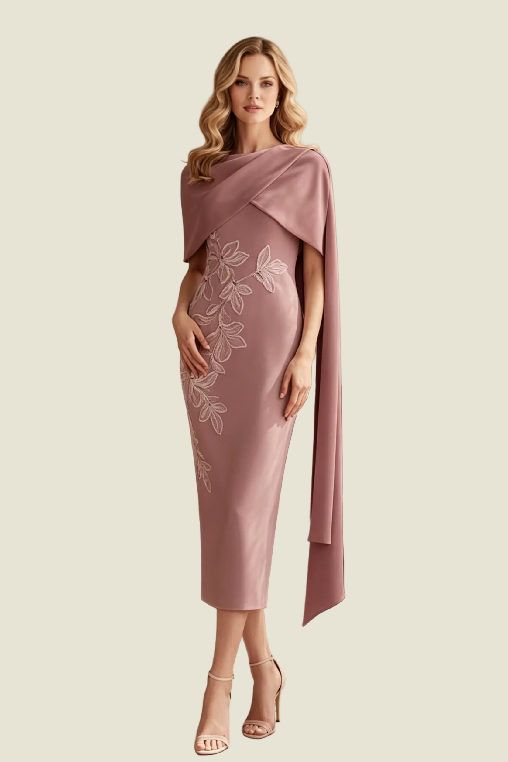 Asymmetrical Cape Sheath Midi Dress with Appliques