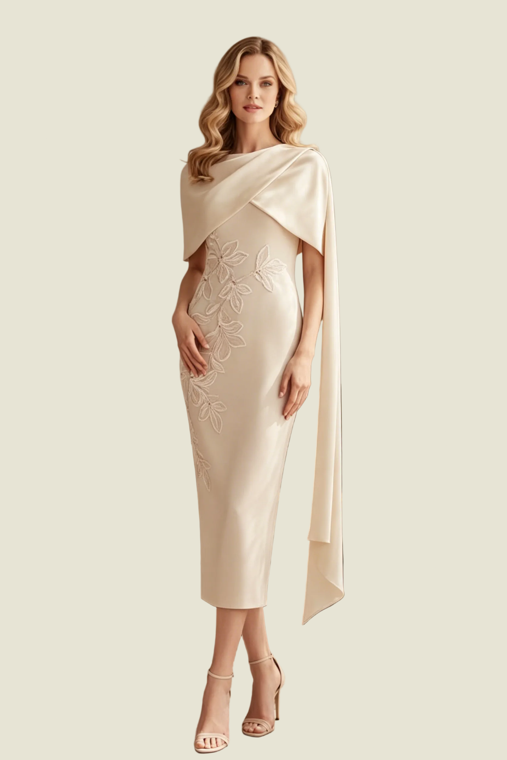 Asymmetrical Cape Sheath Midi Dress with Appliques
