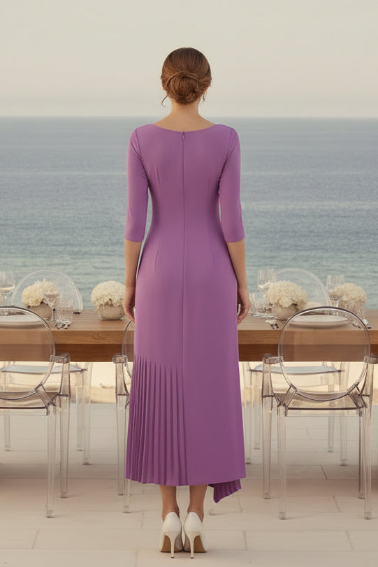 3/4 Sleeve 3D Floral Asymmetrical Midi Dress