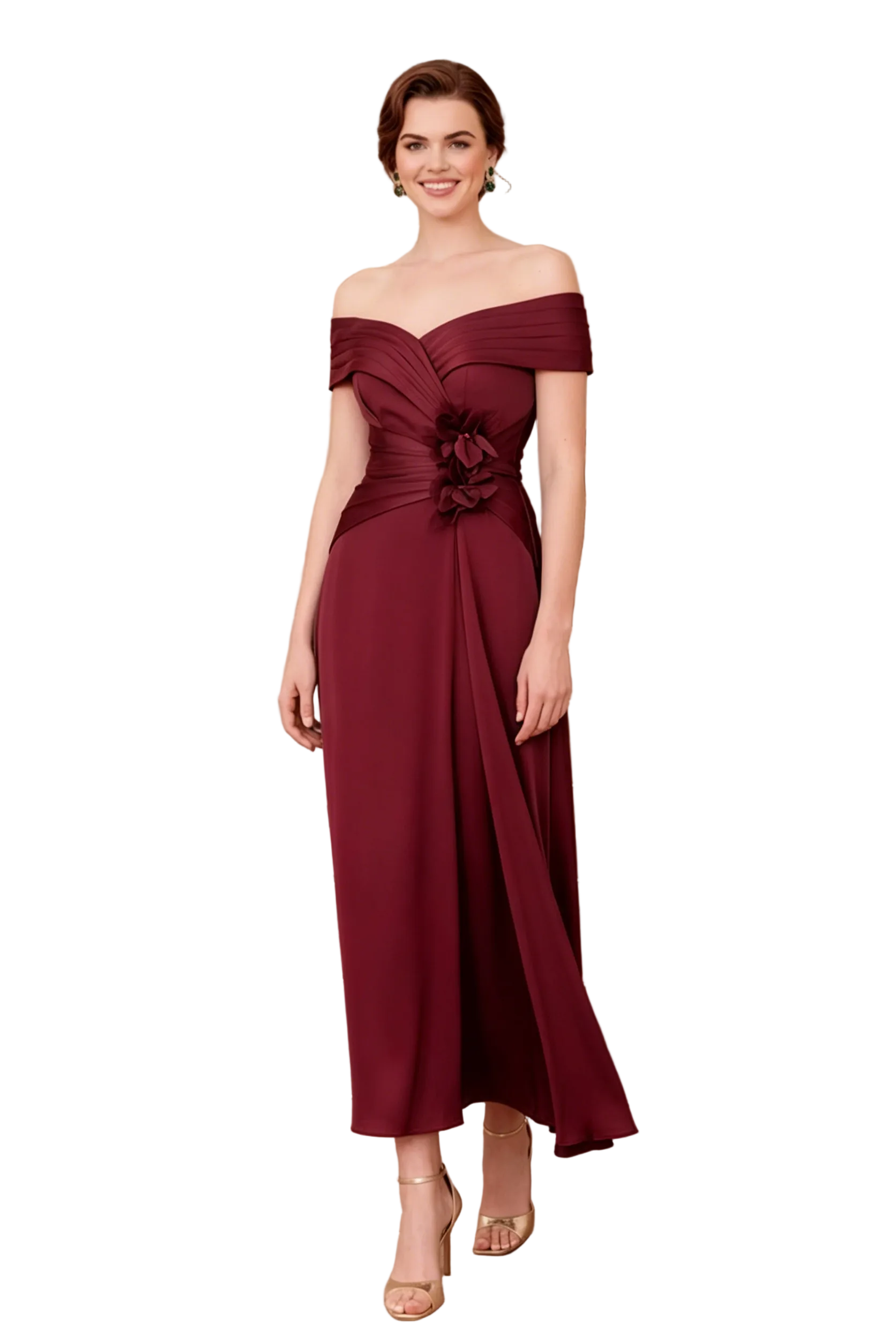 Off-the-Shoulder A-Line Midi Dress with 3D Flowers