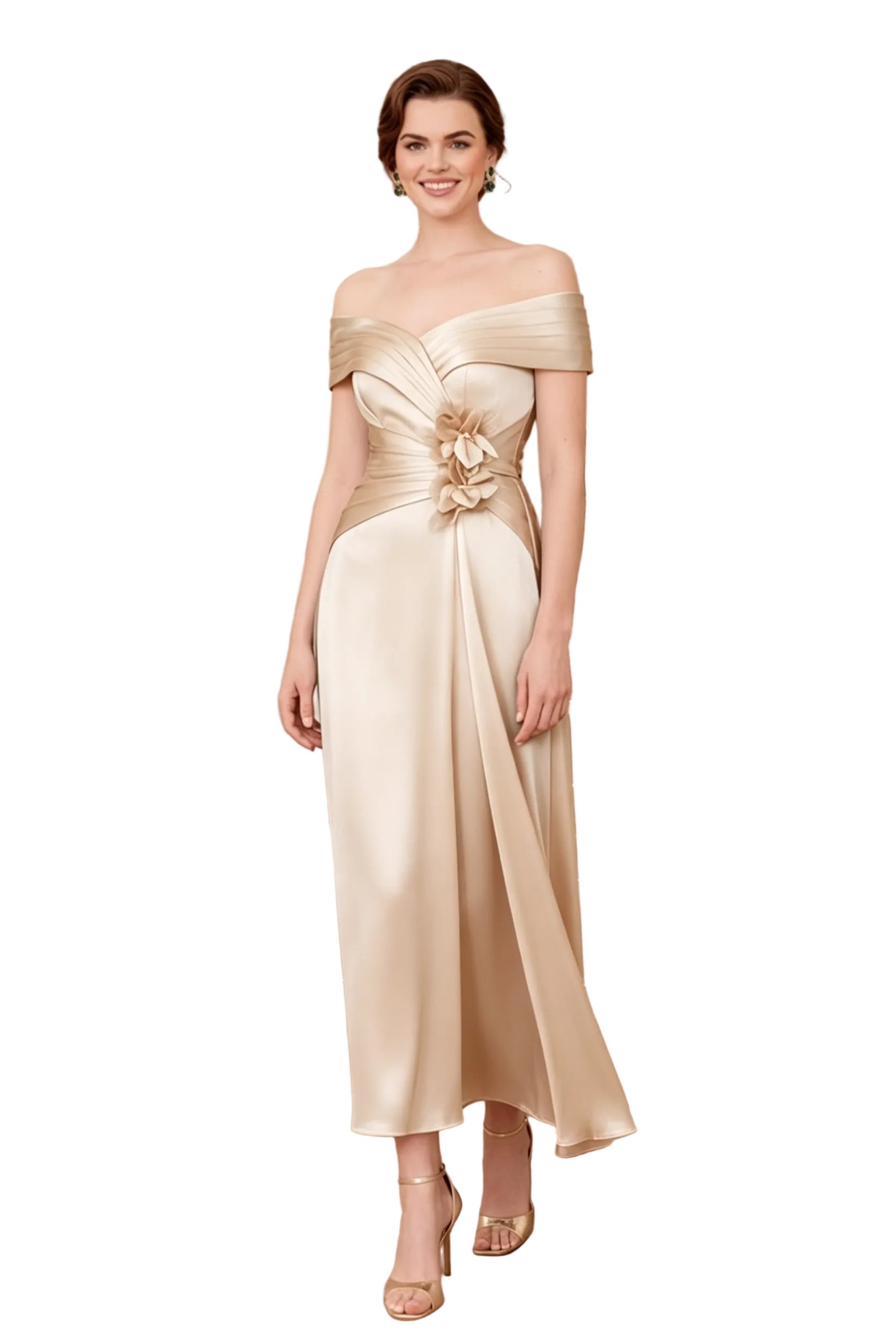 Off-the-Shoulder A-Line Midi Dress with 3D Flowers