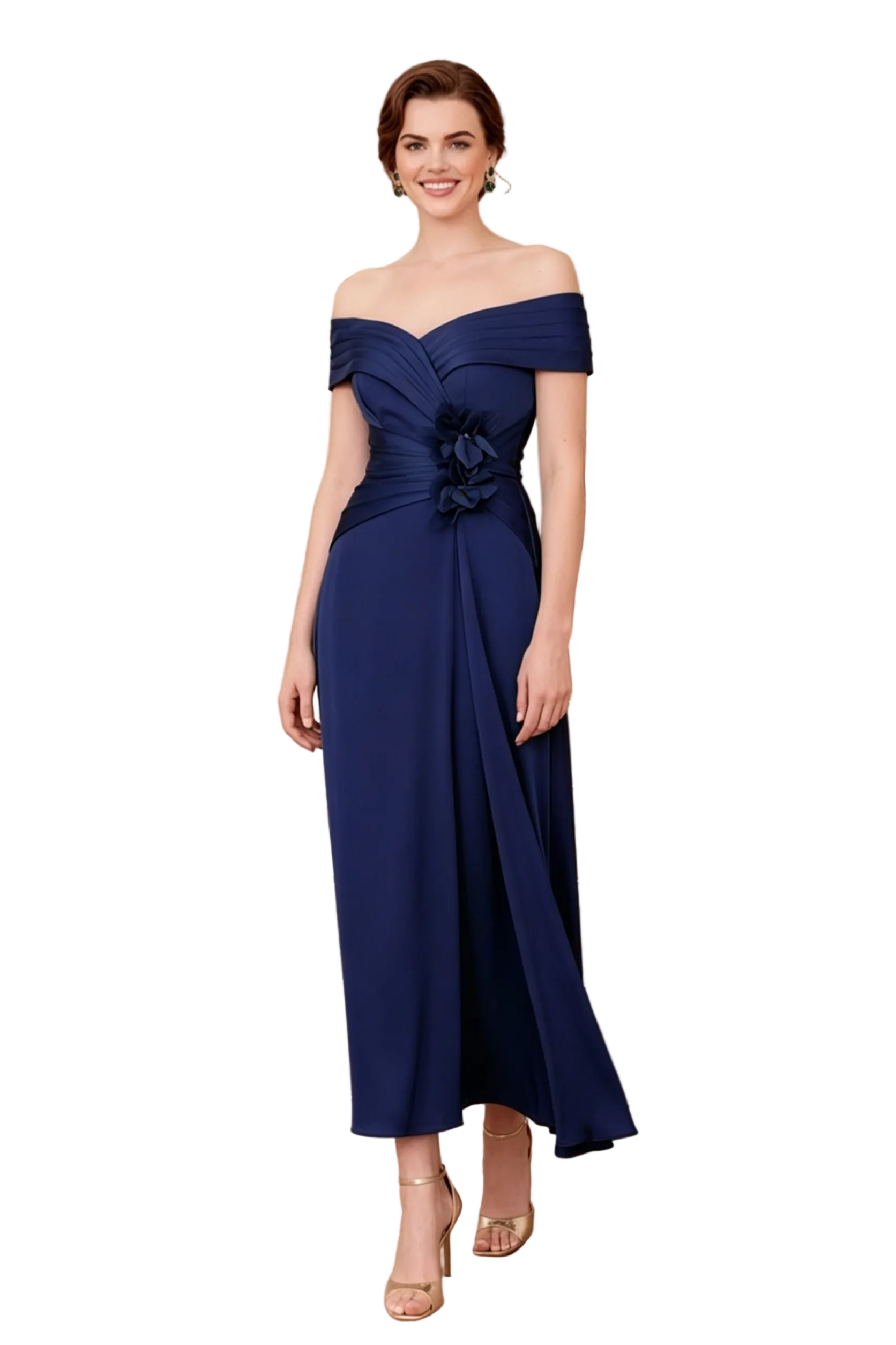 Off-the-Shoulder A-Line Midi Dress with 3D Flowers