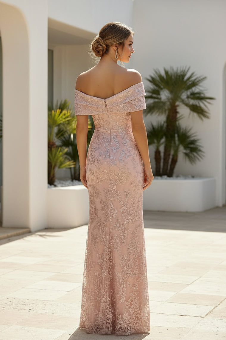 Off-Shoulder Lace Column Evening Gown