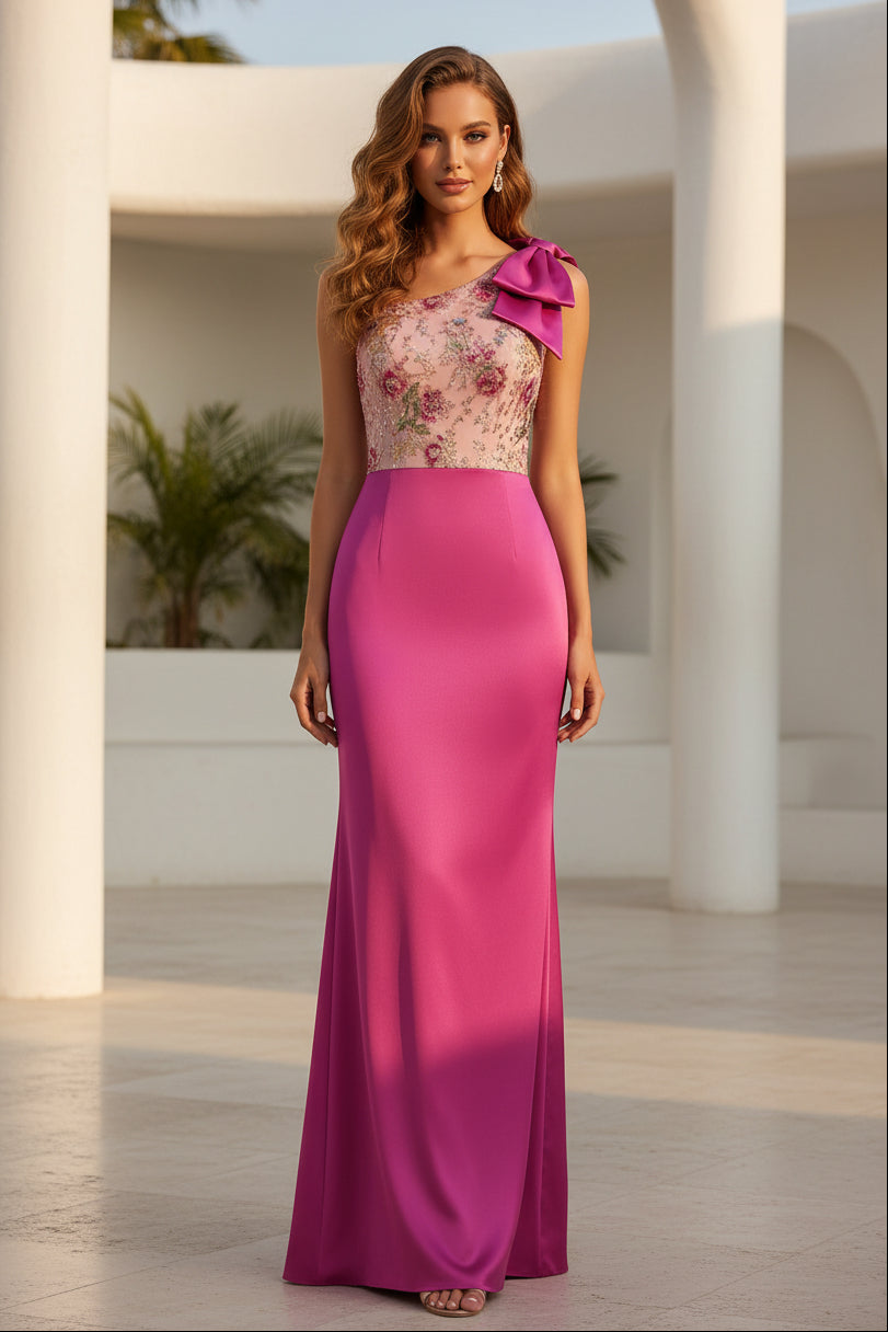 One-Shoulder Floral Bodice Evening Gown