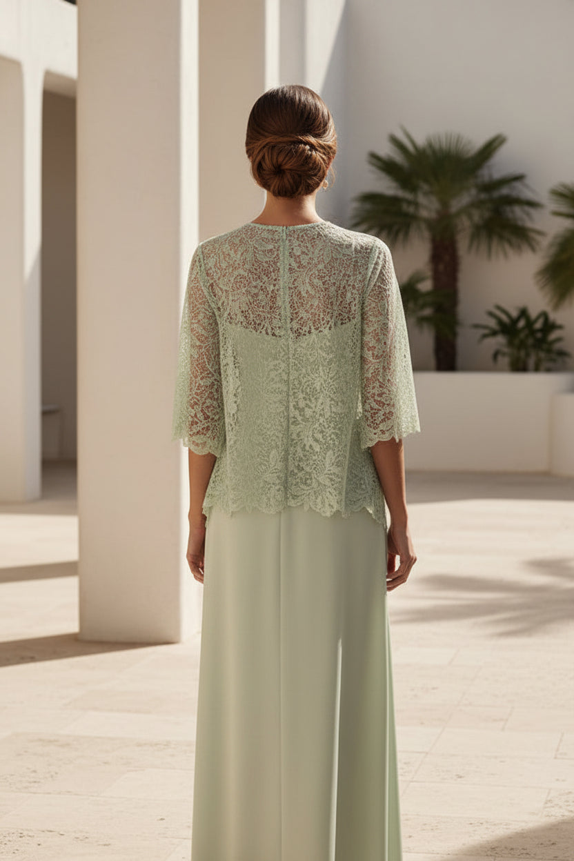 Lace Overlay Satin Evening Gown