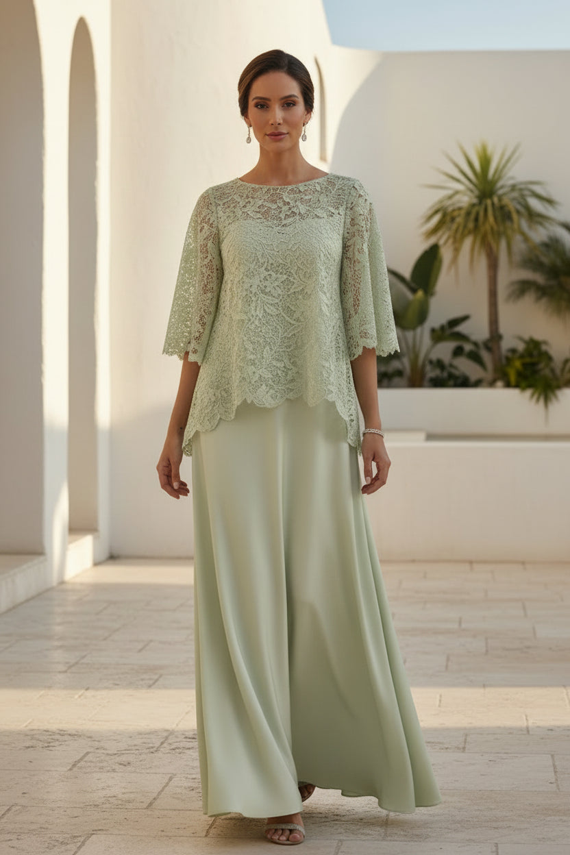 Lace Overlay Satin Evening Gown