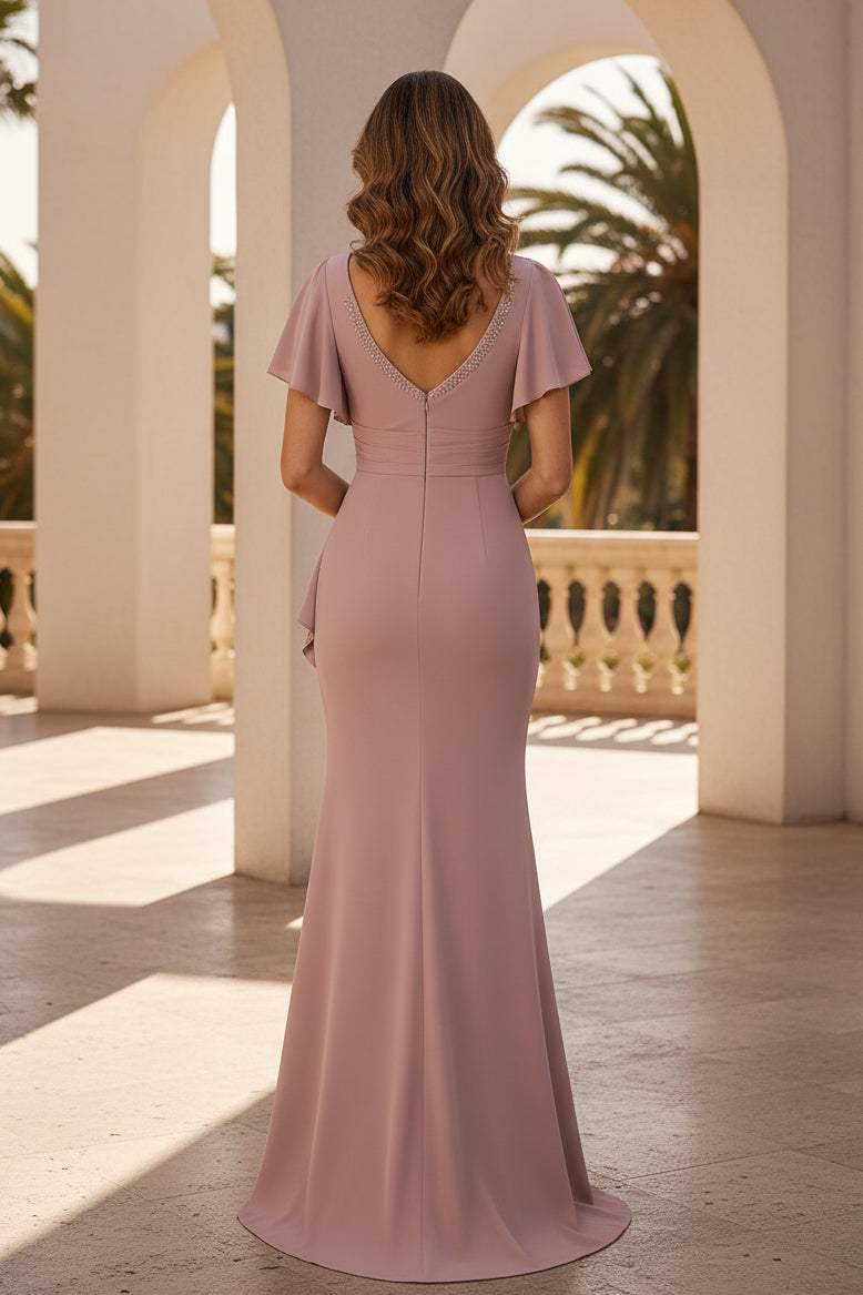 Beaded Square Neck Flutter Sleeve Gown