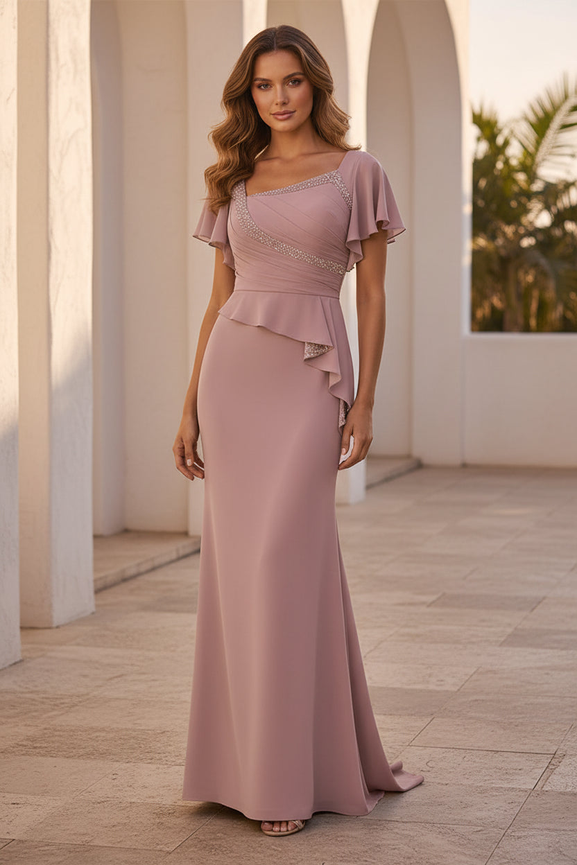 Beaded Square Neck Flutter Sleeve Gown