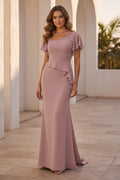 Beaded Square Neck Flutter Sleeve Gown