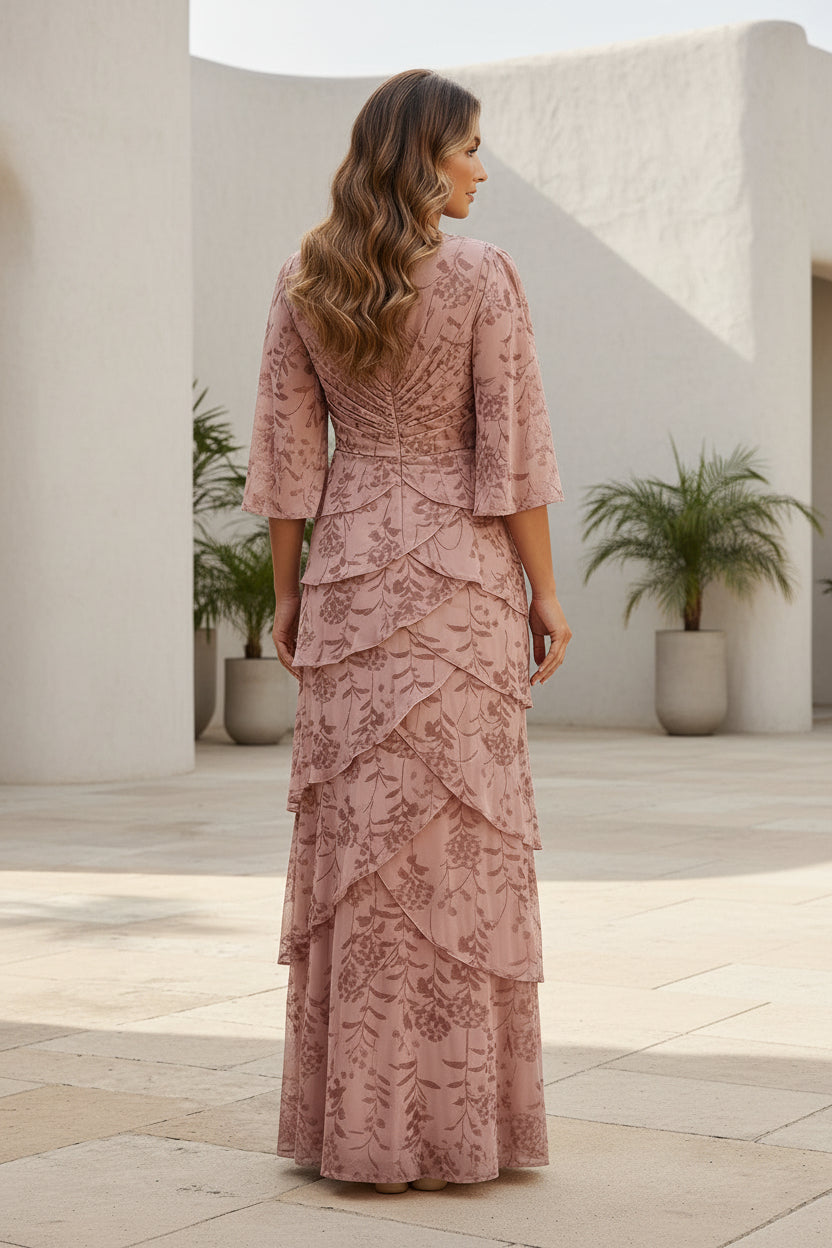 Floral Tiered V-Neck Evening Gown