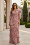 Floral Tiered V-Neck Evening Gown