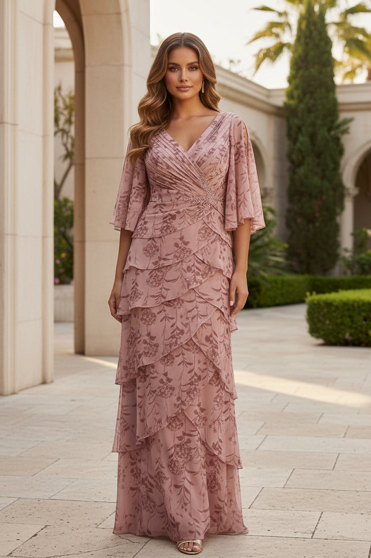 Floral Tiered V-Neck Evening Gown