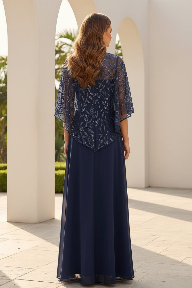 Illusion Cape Sleeve A-Line Evening Gown