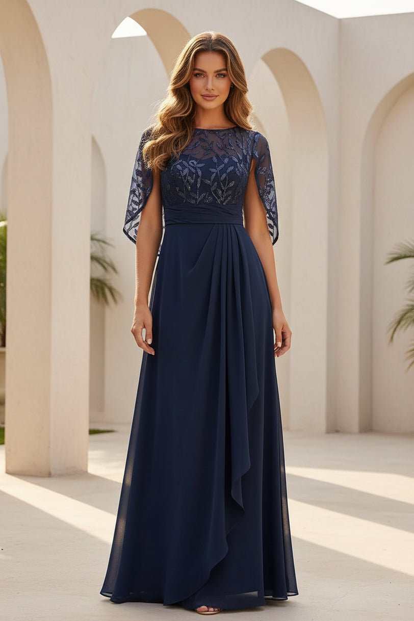 Illusion Cape Sleeve A-Line Evening Gown