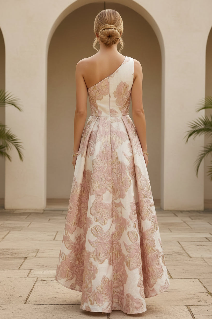 One Shoulder Floral Jacquard Hi-Low Gown
