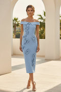 Off-Shoulder Floral Applique Midi Dress