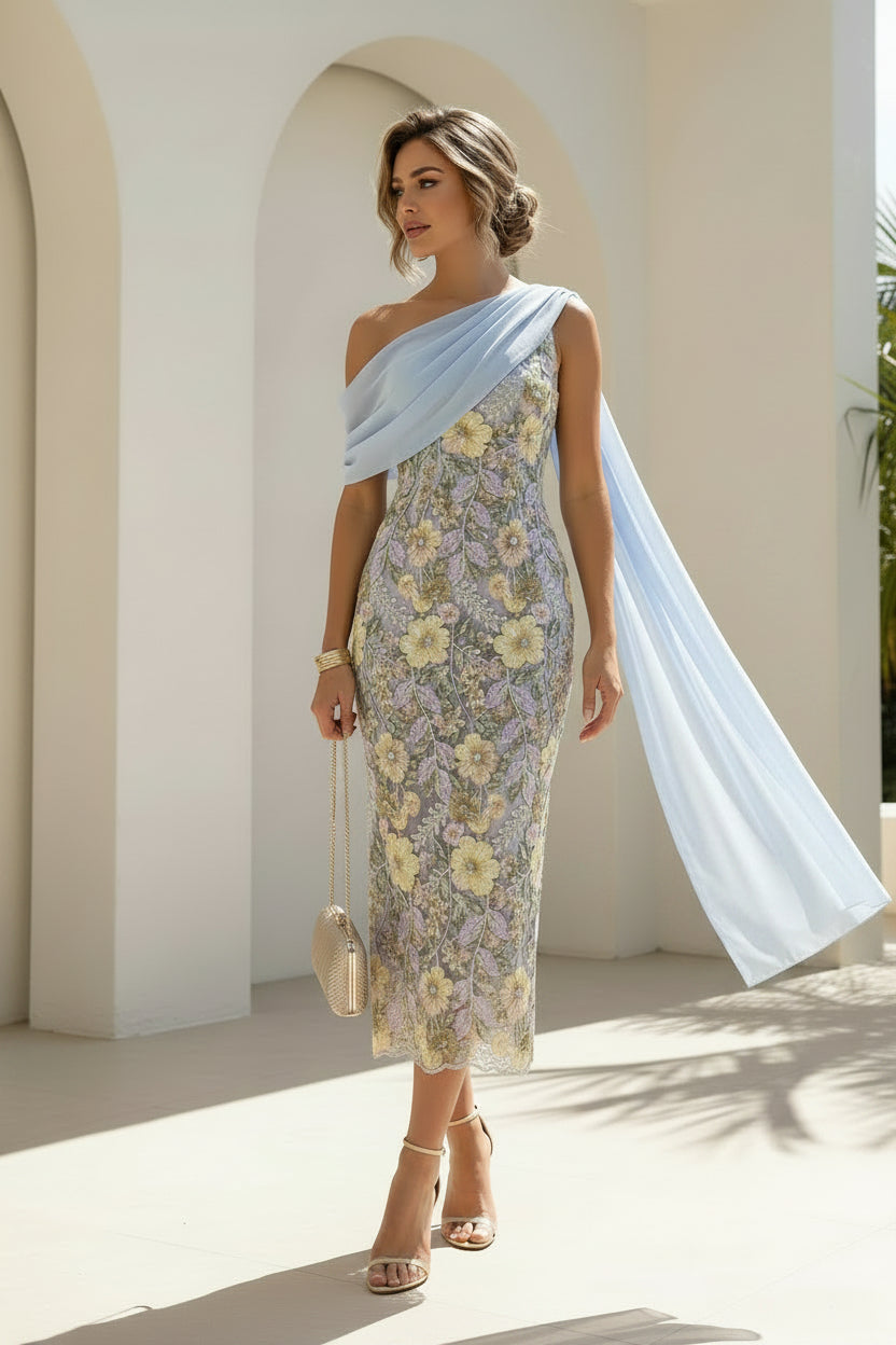 One-Shoulder Floral Lace Midi Dress