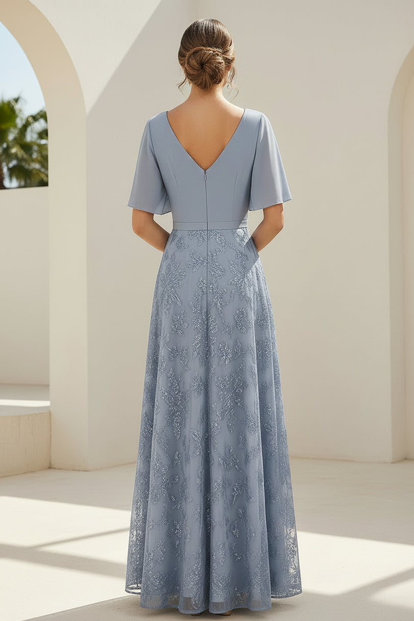 Embroidered V-Neck Flutter Sleeve Evening Gown