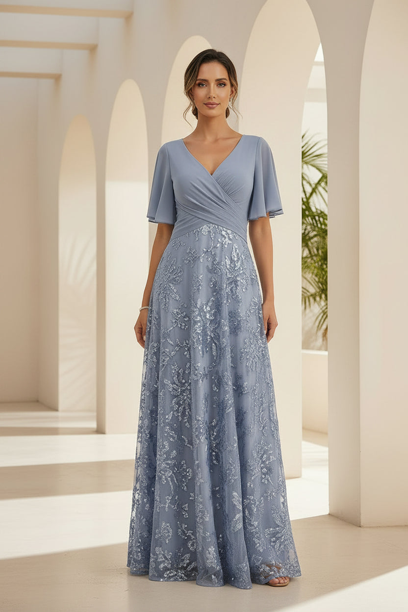 Embroidered V-Neck Flutter Sleeve Evening Gown