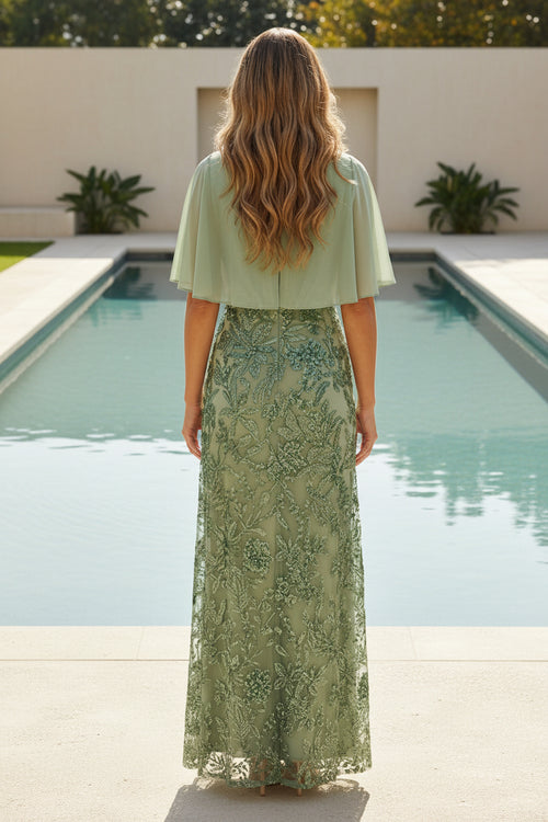 Beaded Lace Flutter Sleeve Evening Gown
