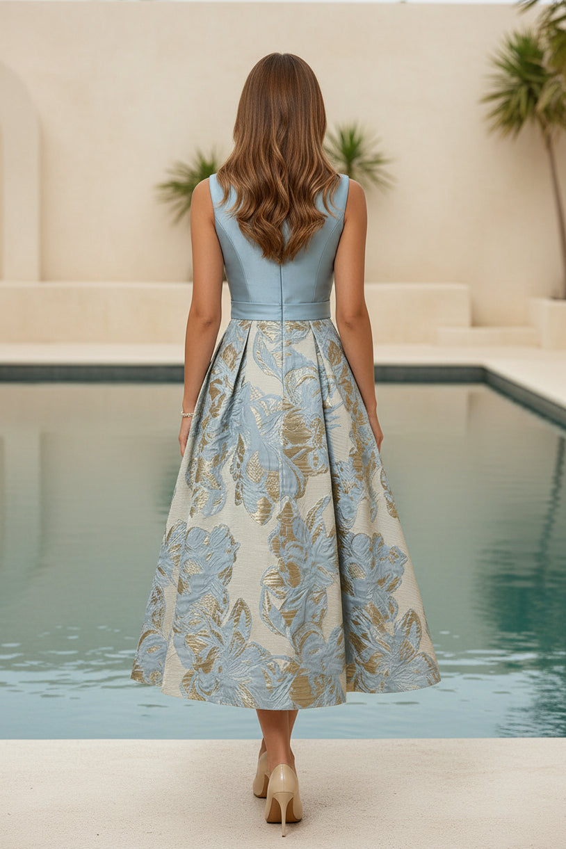 Jacquard Midi A-Line Dress with Bow