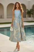 Jacquard Midi A-Line Dress with Bow