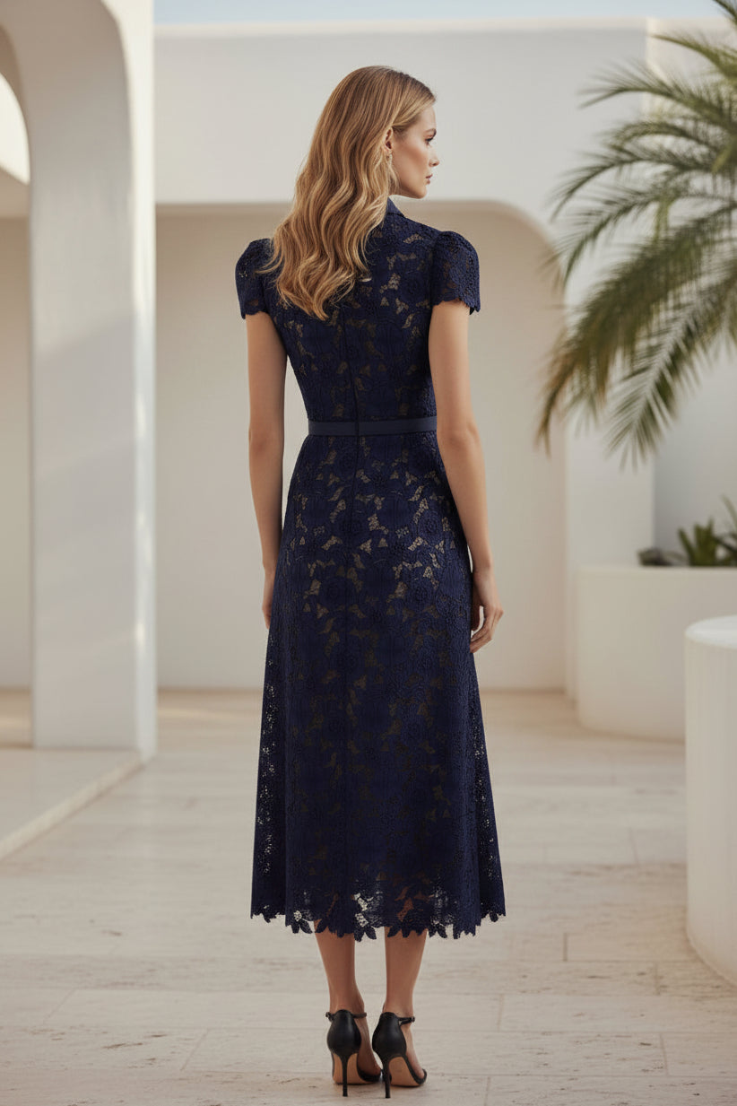Lace Collared Midi Dress with Belt