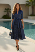 Midi A-Line Dress with Lace Overlay
