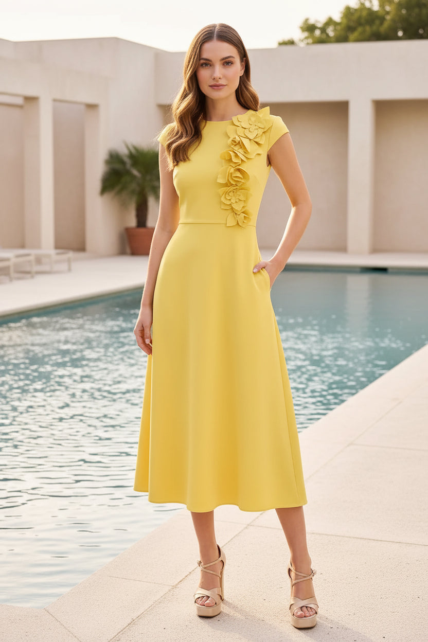 Floral Applique Midi A-Line Dress
