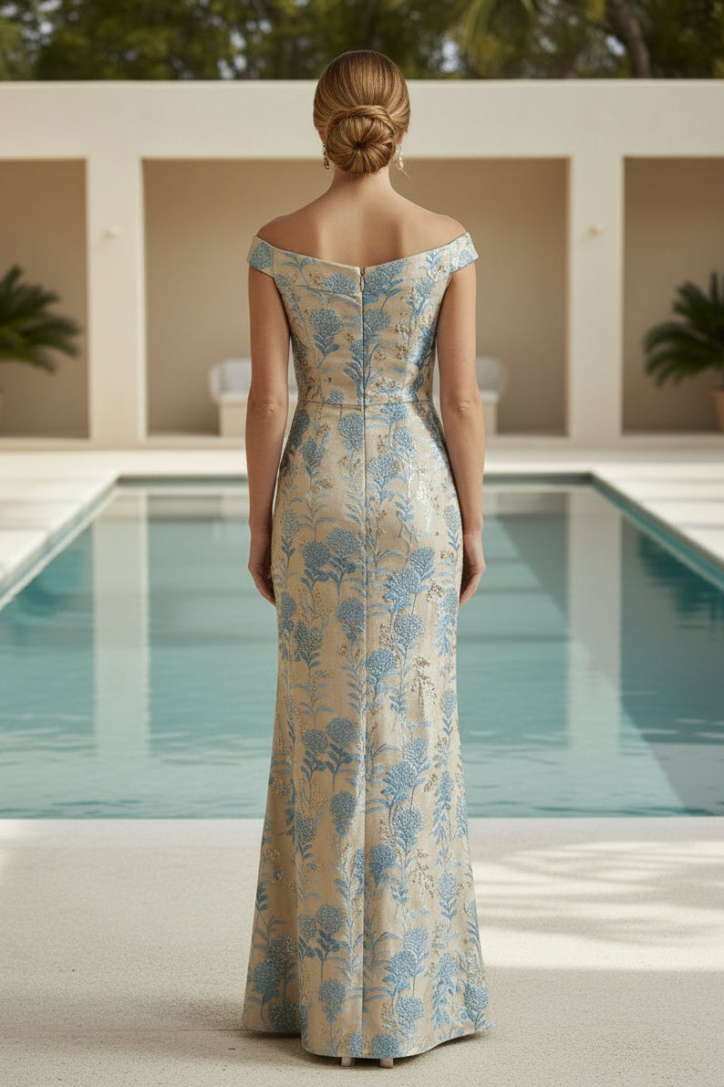 Off-Shoulder Jacquard Ruffle Evening Gown