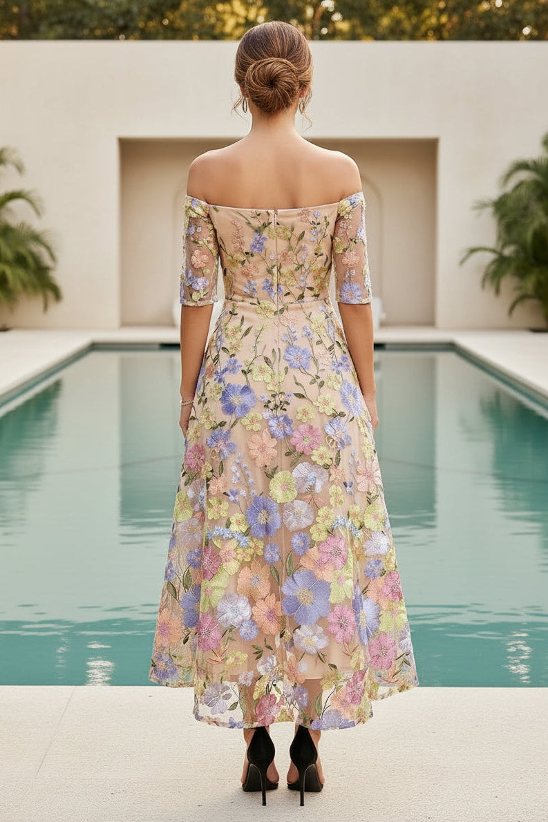 Off-Shoulder Floral Embroidered Midi Dress