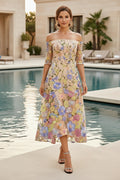 Off-Shoulder Floral Embroidered Midi Dress