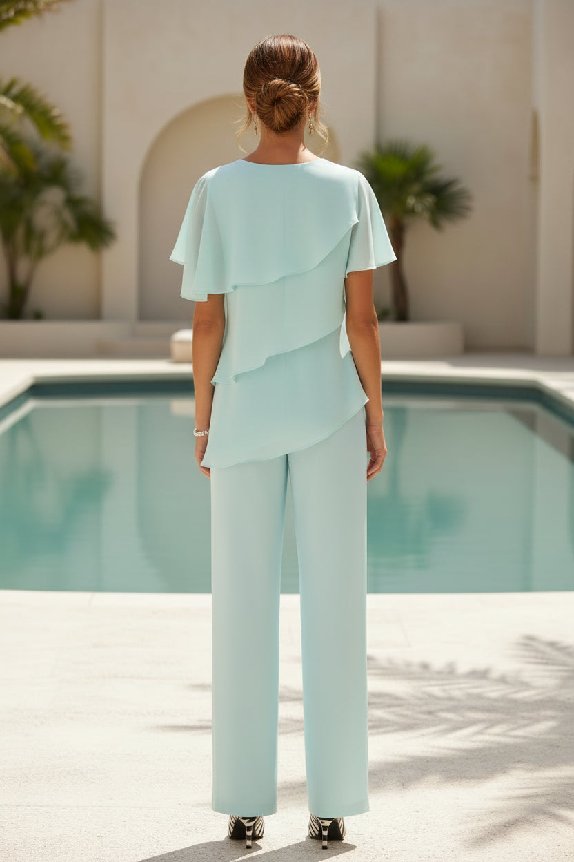 Layered Chiffon Top and Wide Leg Pants Set