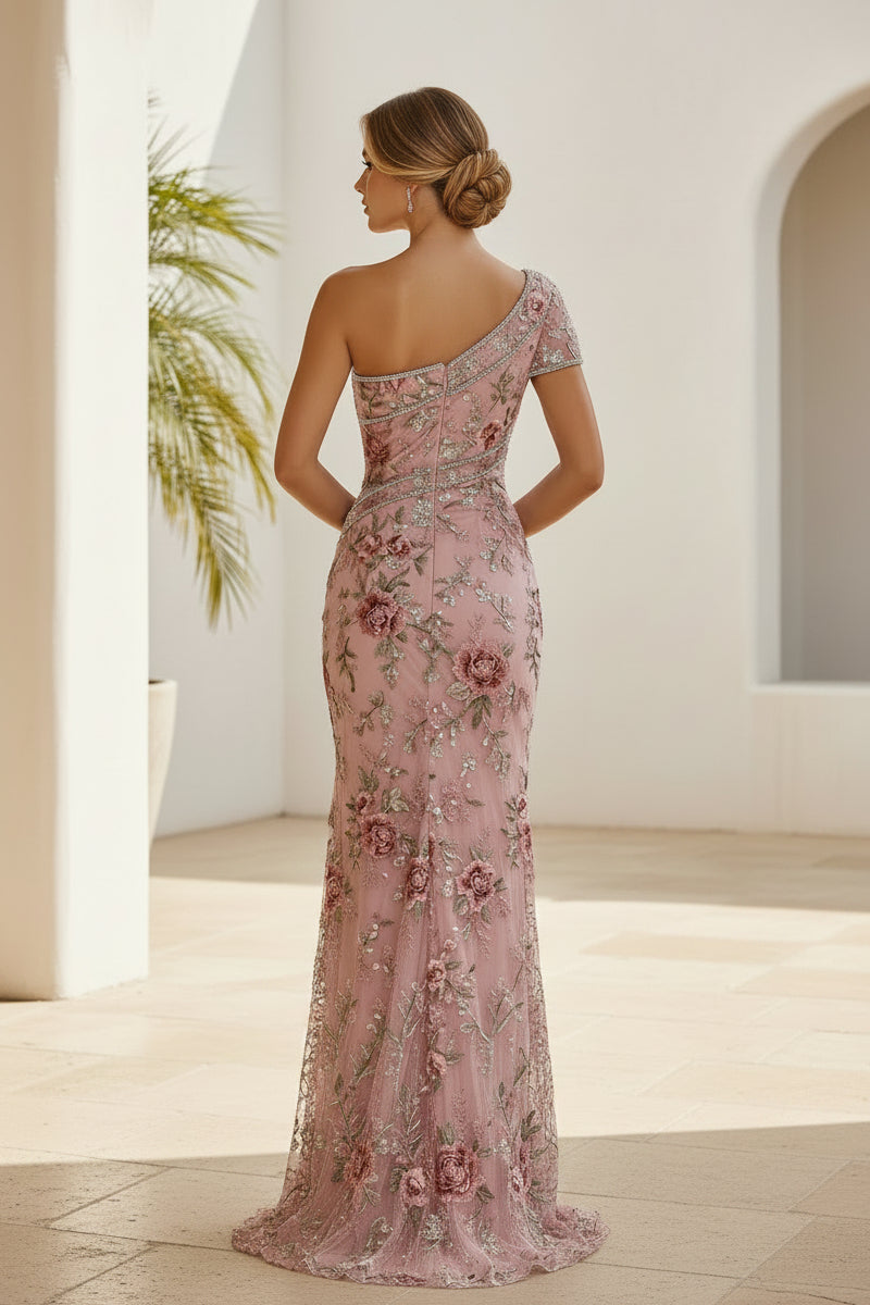 One-Shoulder Lace Evening Gown