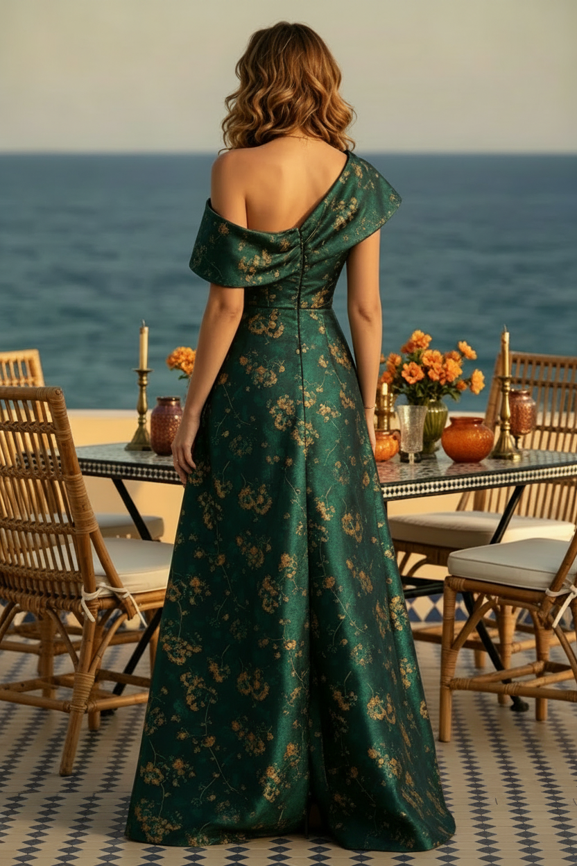 One-Shoulder Floral Jacquard A-Line Evening Gown