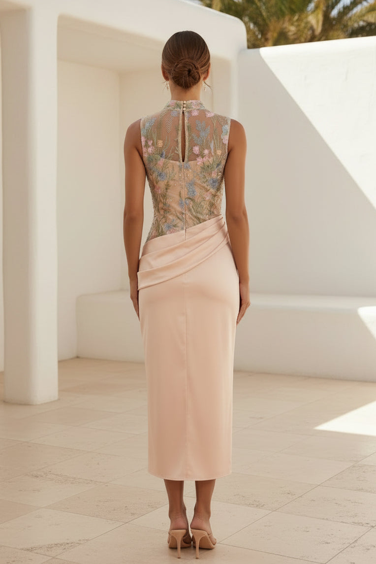 Embroidered High Neck Satin Midi Dress