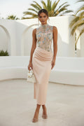Embroidered High Neck Satin Midi Dress